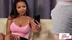 Play Bosomy ebony tree femdom give ins joi and takes it